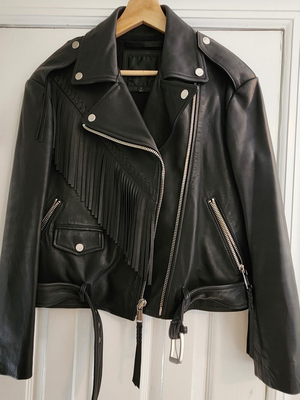 Andrew Marc Black Leather Fringe Moto Jacket
